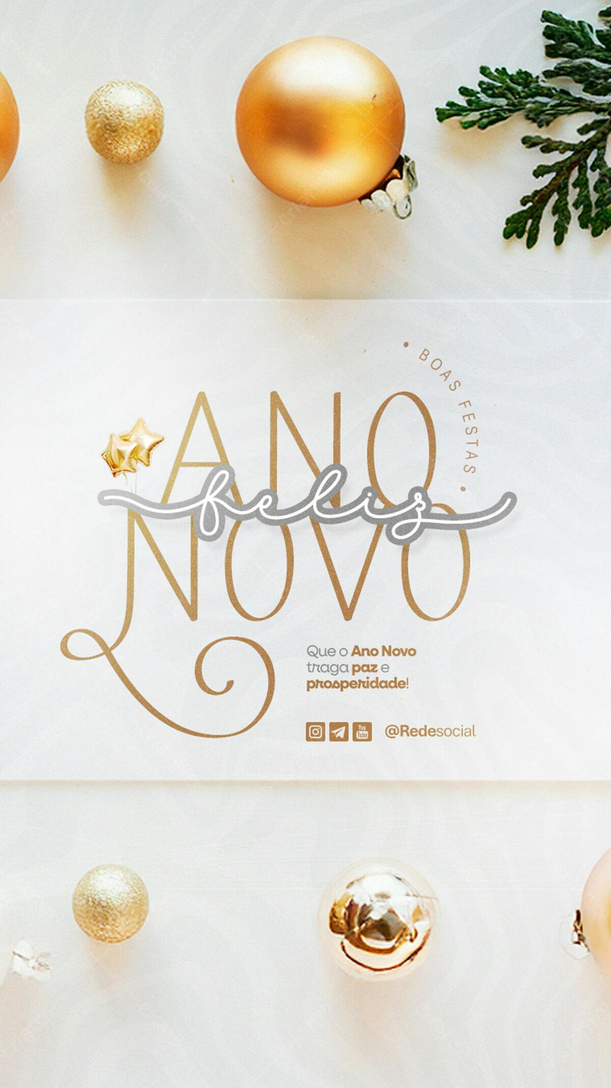 Cartão de Ano Novo Dourado e Minimalista PSD Editável