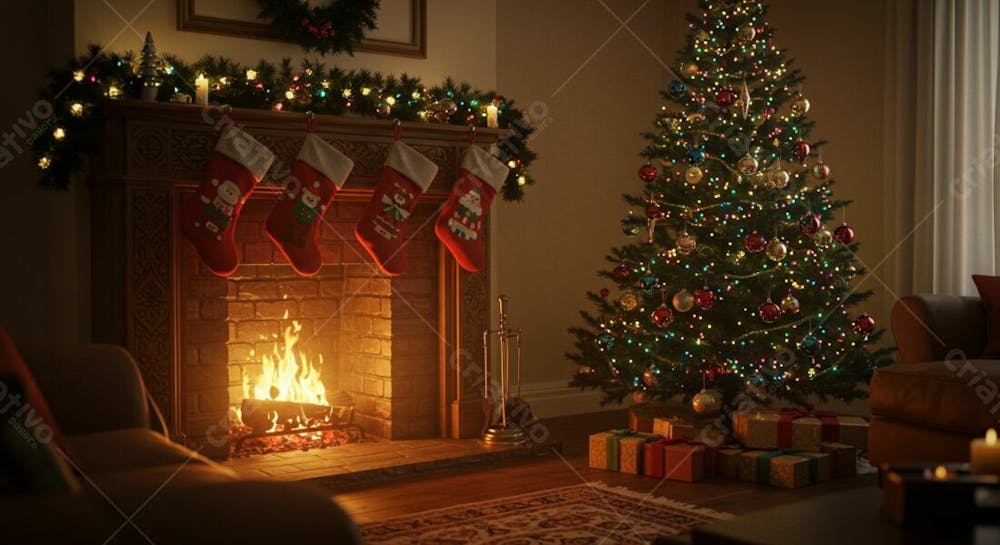 Imagem De Lareira Decorada Natal E Árvore De Natal Para Composição