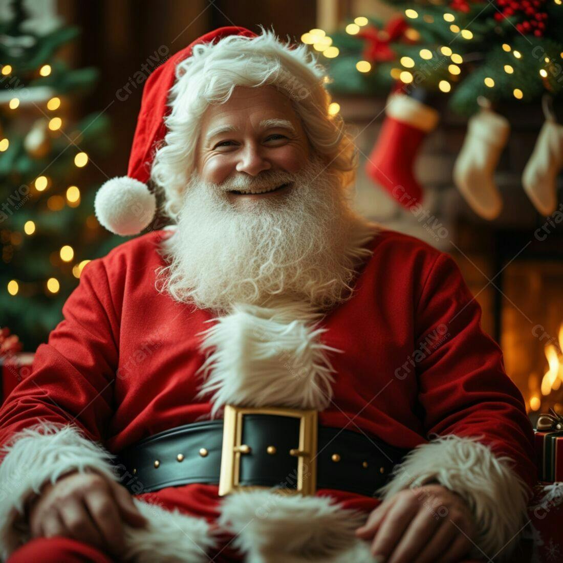 Papai Noel sorridente perto da lareira natalina