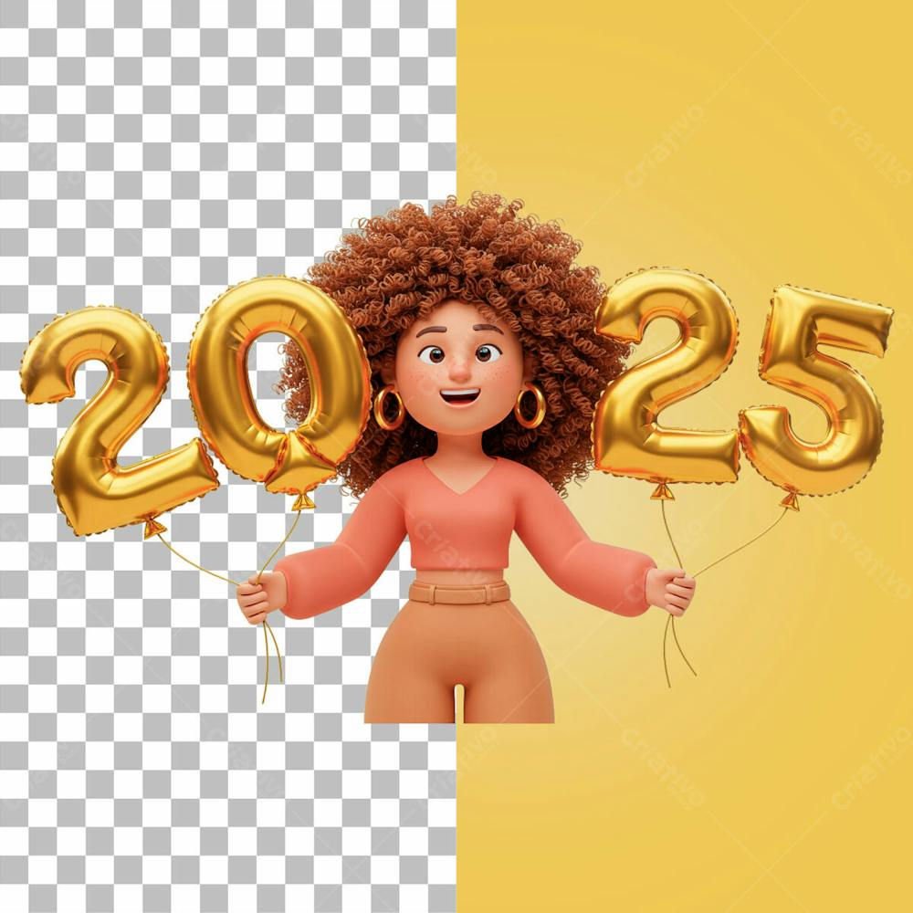 Mulher Cacheada Segurando Balão 2025 Psd Editável