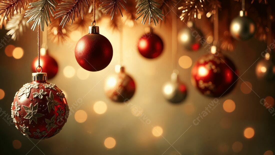 Enfeites vermelhos e dourados em árvore de Natal