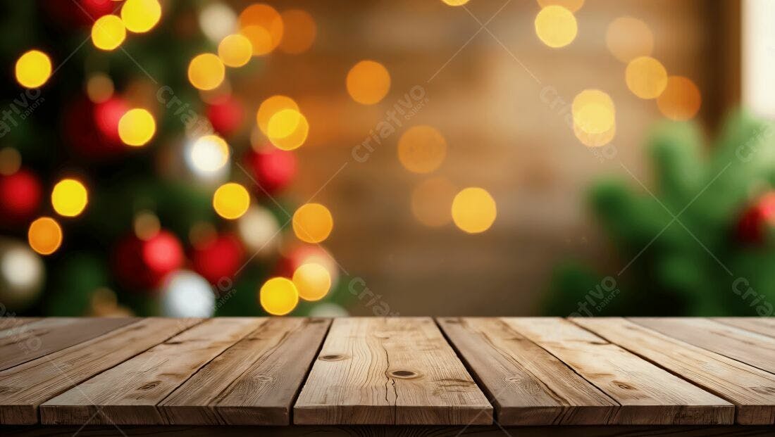 Mesa de madeira com fundo desfocado de Natal