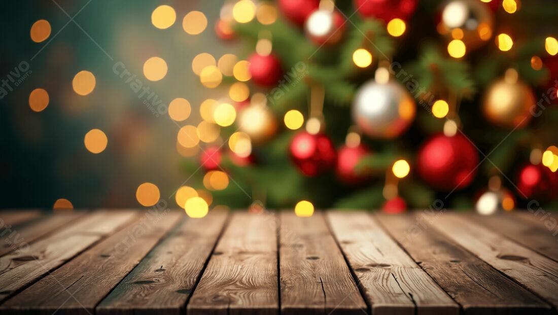 Mesa de madeira com árvore de Natal desfocada