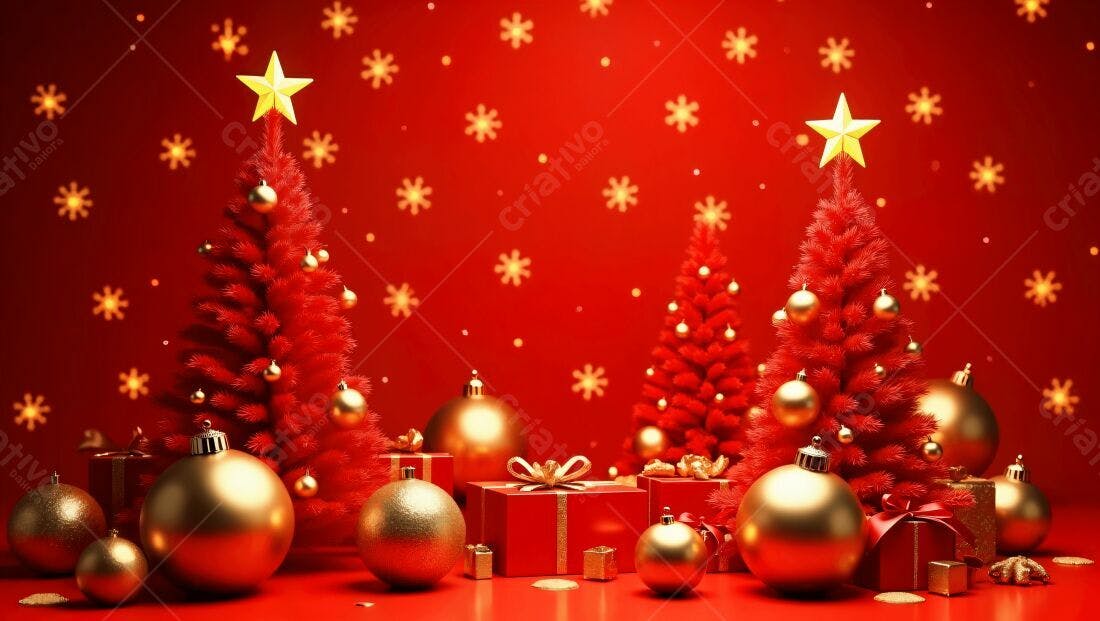Árvores de Natal vermelhas com bolas douradas