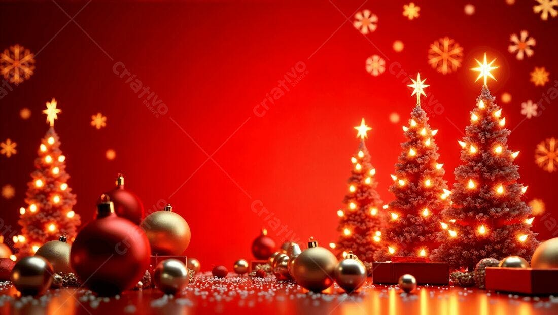 Árvores de Natal iluminadas fundo vermelho