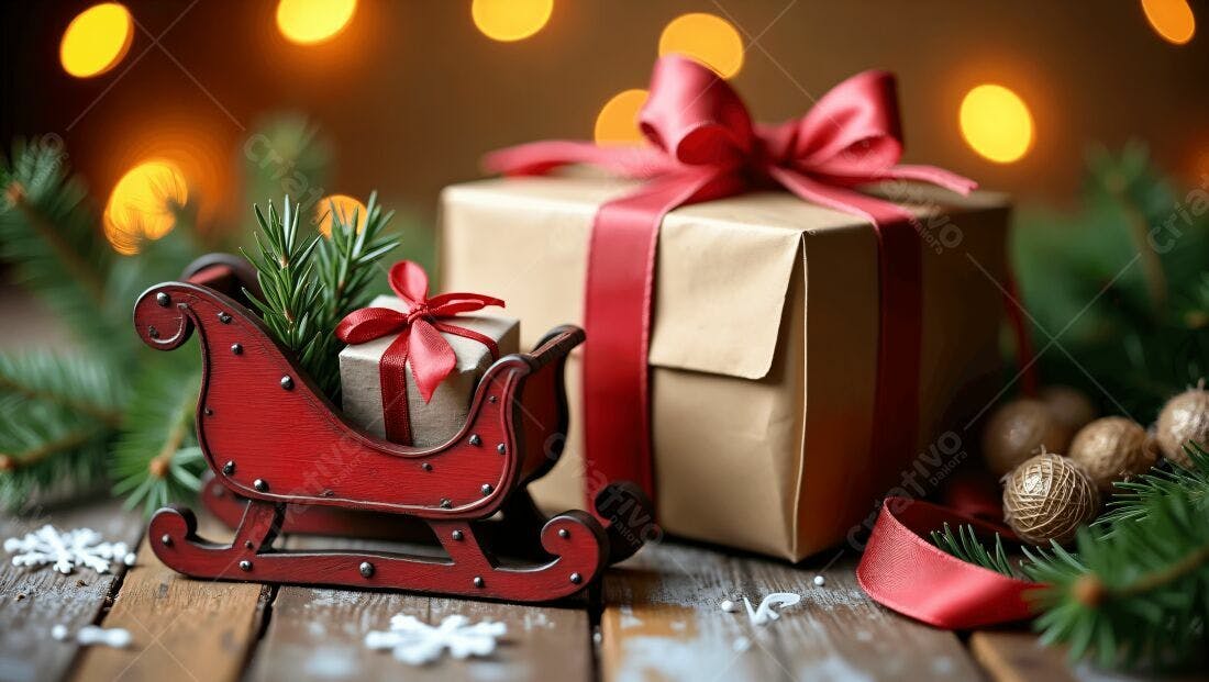 Trenó vermelho com presentes de Natal