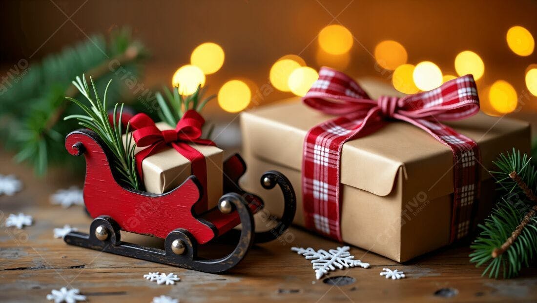 Trenó vermelho com presentes de Natal