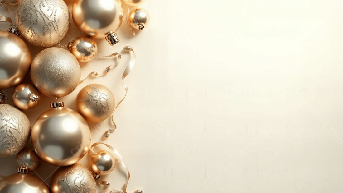 Enfeites dourados de Natal sobre fundo bege