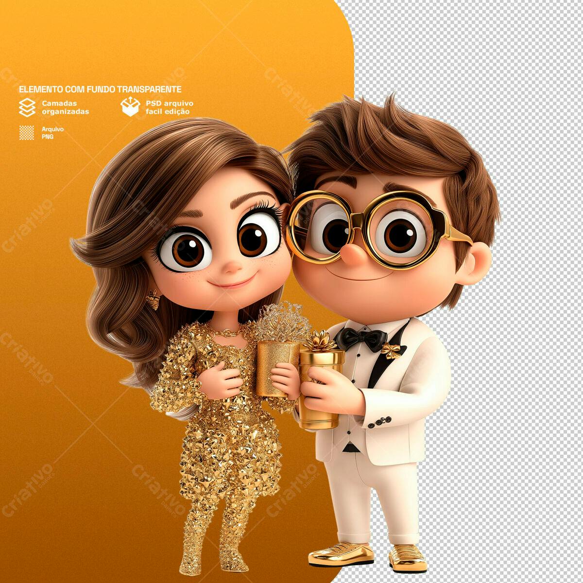 Ilustração Casal Romântico em Ouro PSD Editável