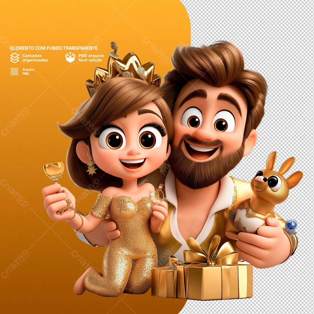 Ilustração Casal Real Dourado PSD Editável