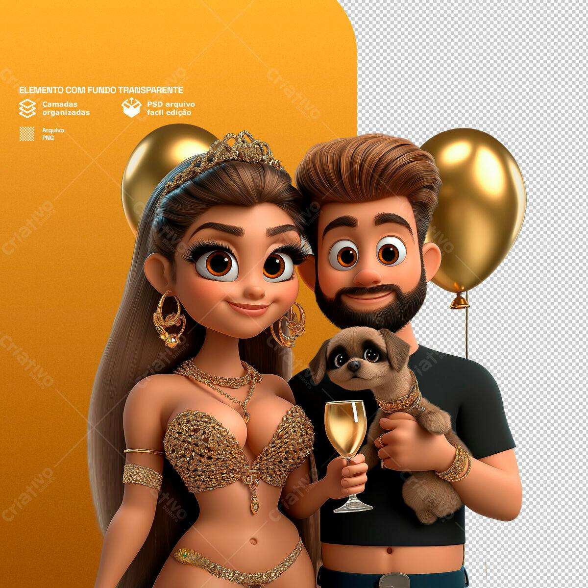 Ilustração de Casal Romântico com Cãozinho PSD Editável