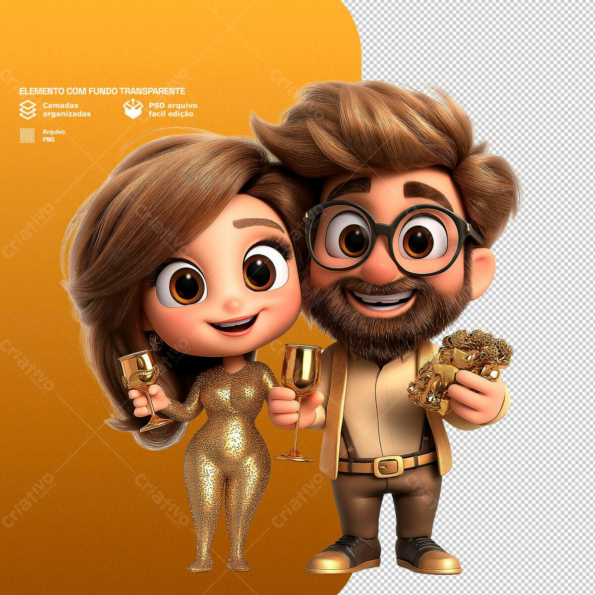 Ilustração de Casal Celebrando Ano Novo PSD Editável