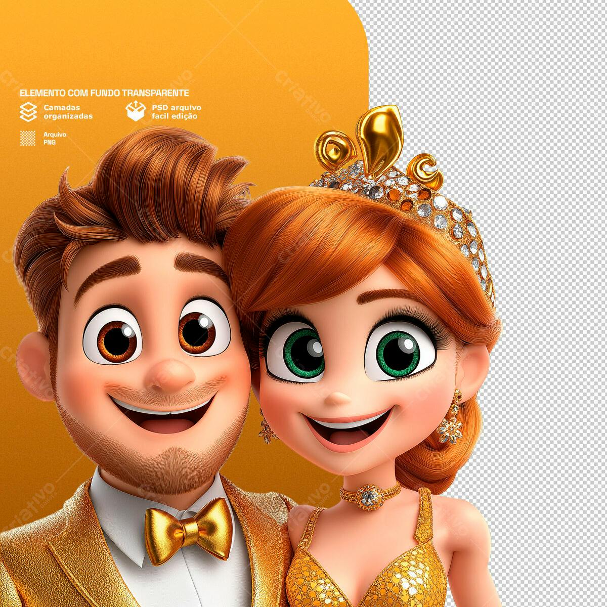 Ilustração Casal Real Dourado PSD Editável
