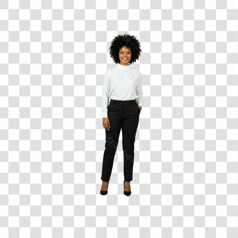 Mulher Negra Feliz Camisa Branca E Calça Preta, Cabelo Cacheado Png Transparente