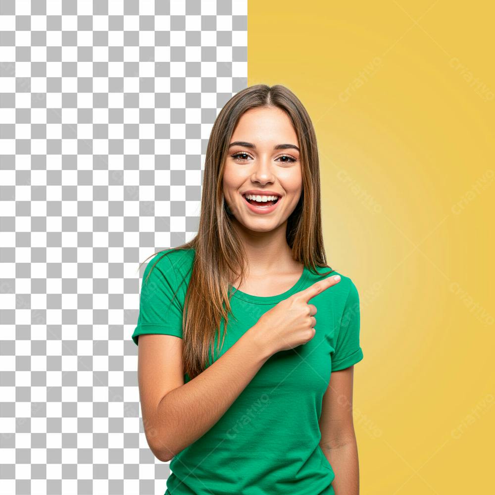 Mulher Sorridente Apontando Para O Lado Com O Dedo, Roupa Verde Psd Editável