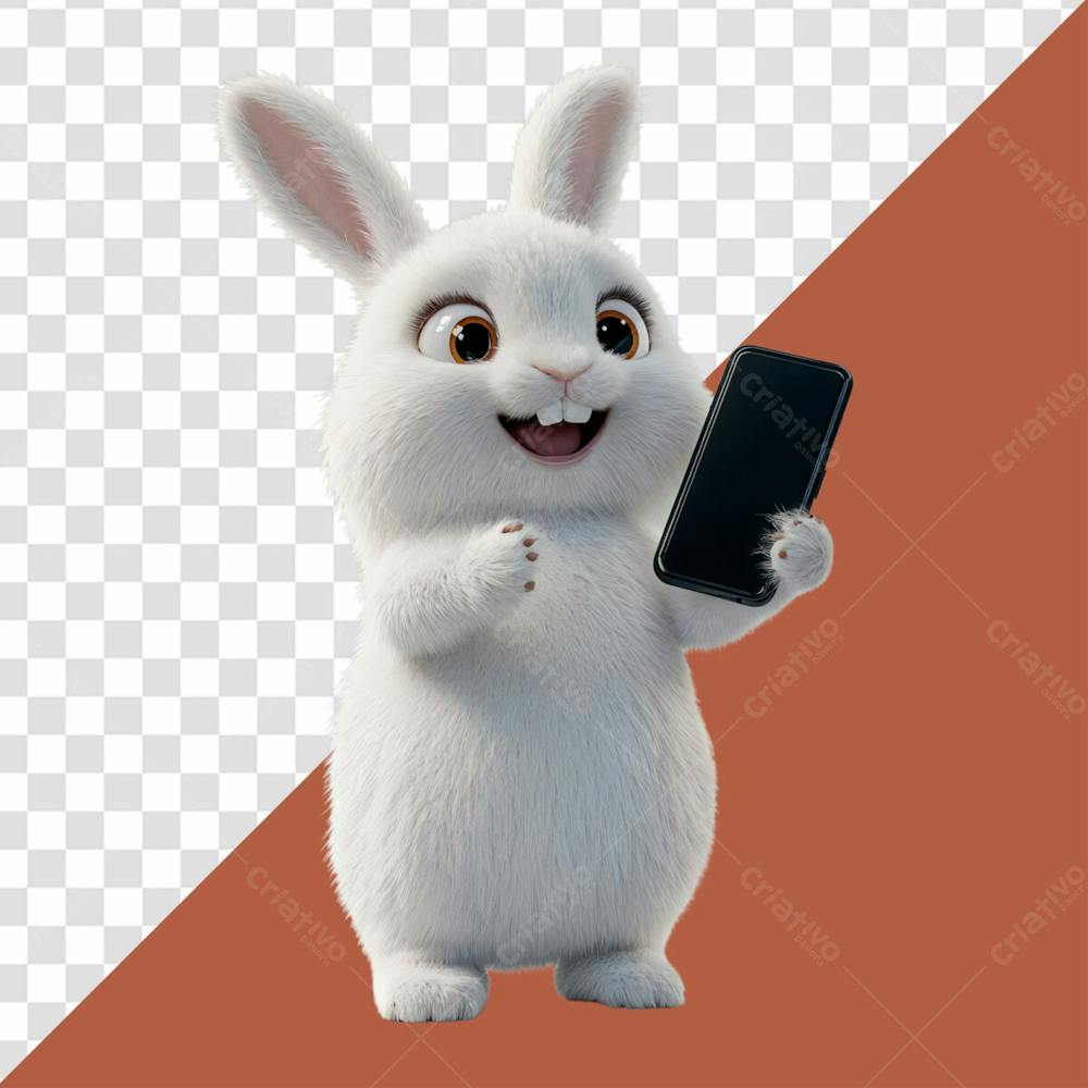 Personagem 3D De Coelho Branco Segurando Um Celular Com A Tela Preta Para A Pascoa