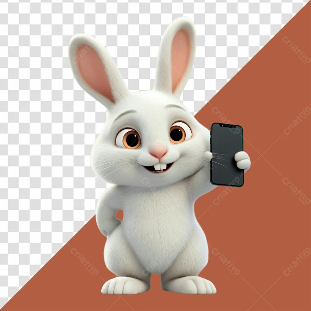 Personagem 3D De Coelho Branco Segurando Um Celular Com A Tela Preta Para A Pascoa