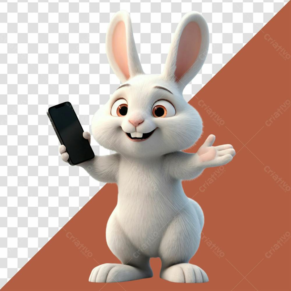 Personagem 3D De Coelho Branco Segurando Um Celular Com A Tela Preta Para A Pascoa