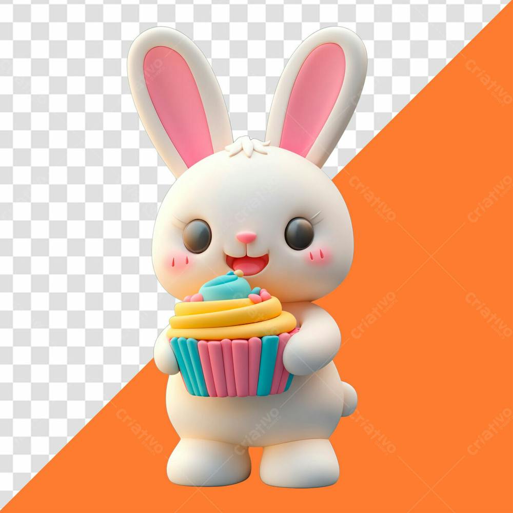 Personagem 3D Coelho Da Pascoa Segurando Um Cupcake Colorido