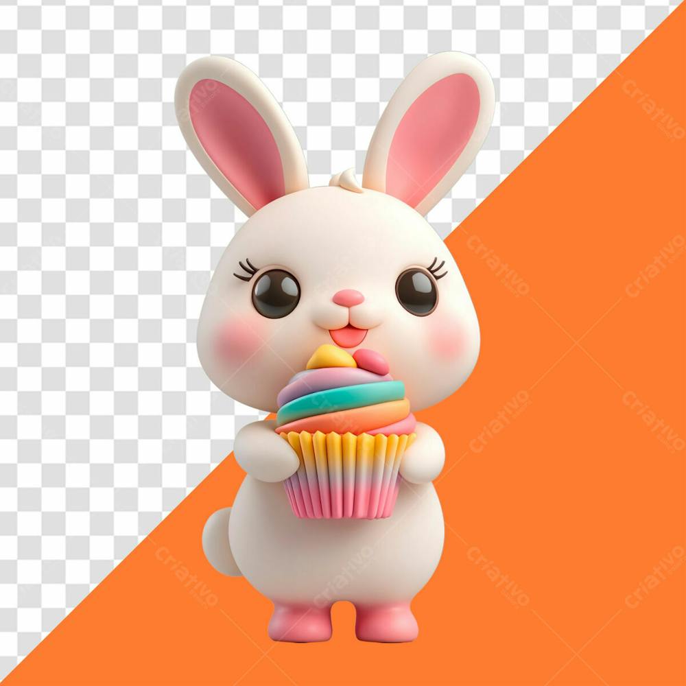 Personagem 3D Coelho Da Pascoa Segurando Um Cupcake Colorido