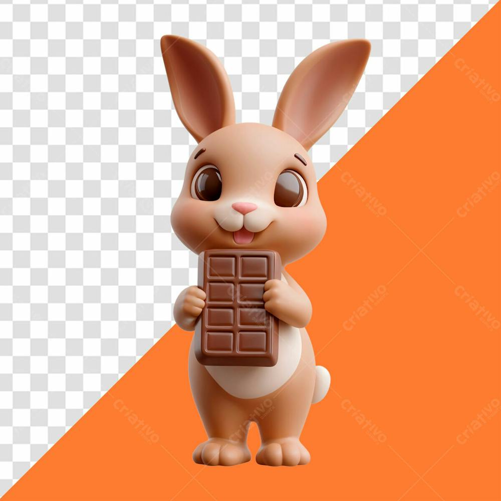 Personagem 3D Coelho Da Pascoa Segurando Uma Barra De Chocolate Para A Pascoa
