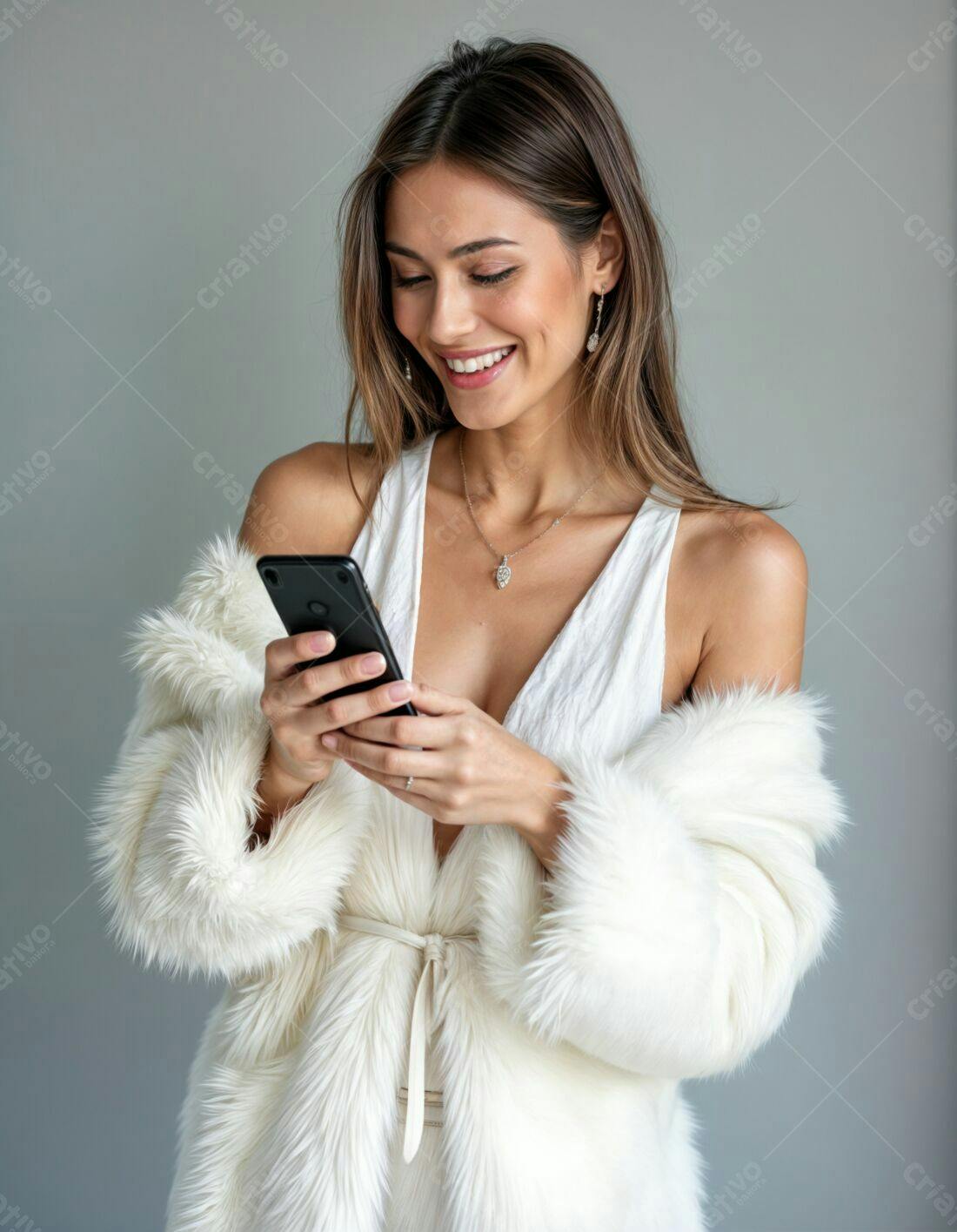 Mulher feliz usando celular com casaco de pele