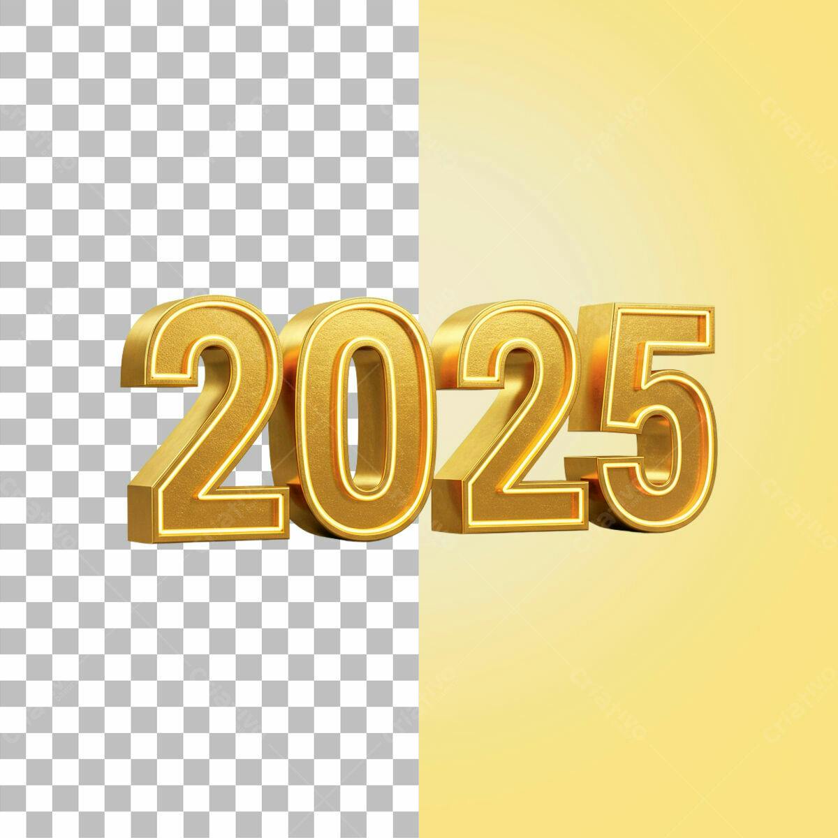 Números 2025 em 3D Dourados PSD Editável