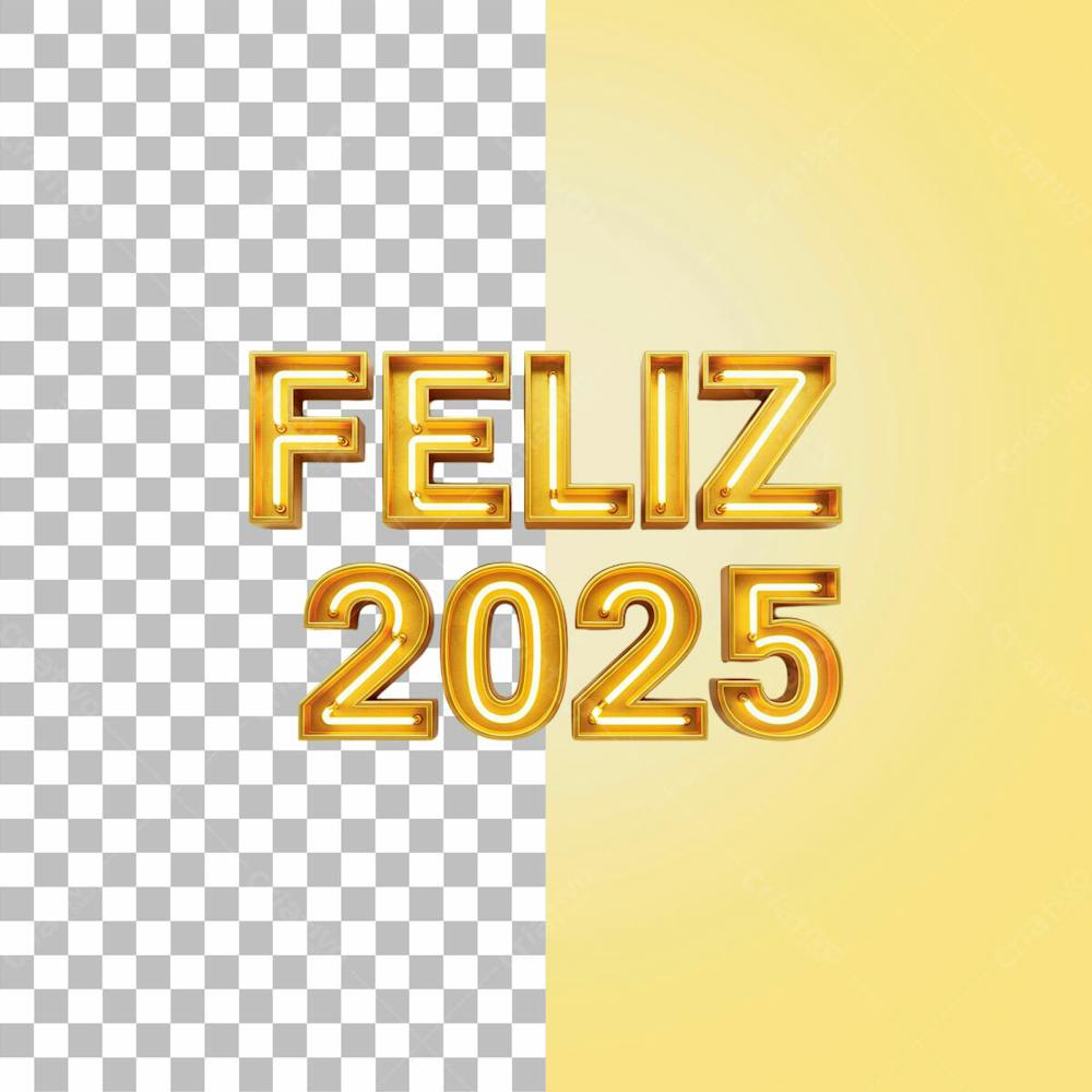 Palavra 3D Feliz 2025 Neon Dourado Png Transparente