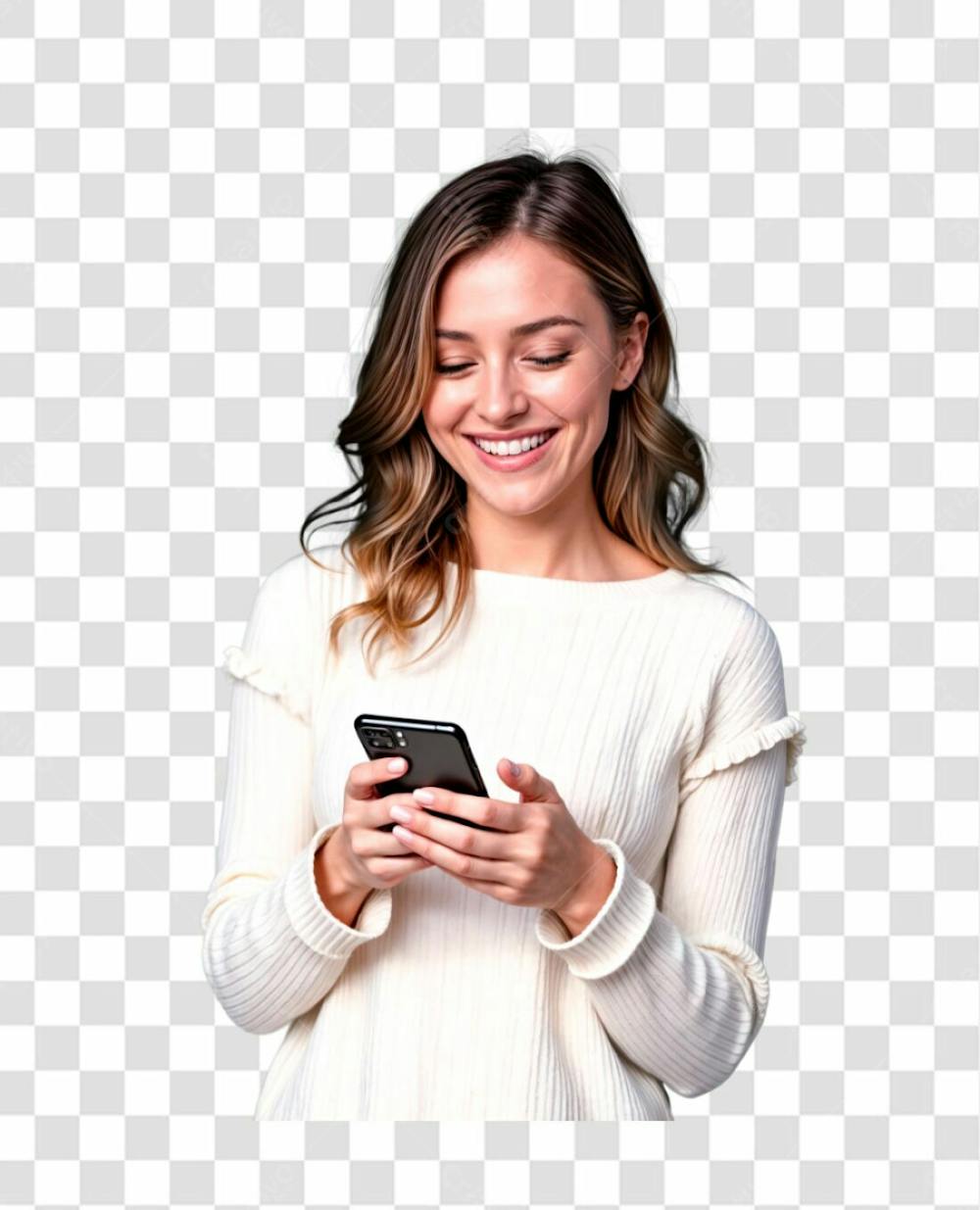 Mulher Sorridente Usando Smartphone Com Roupa Look Elegante Na Cor Branca De Fim De Ano