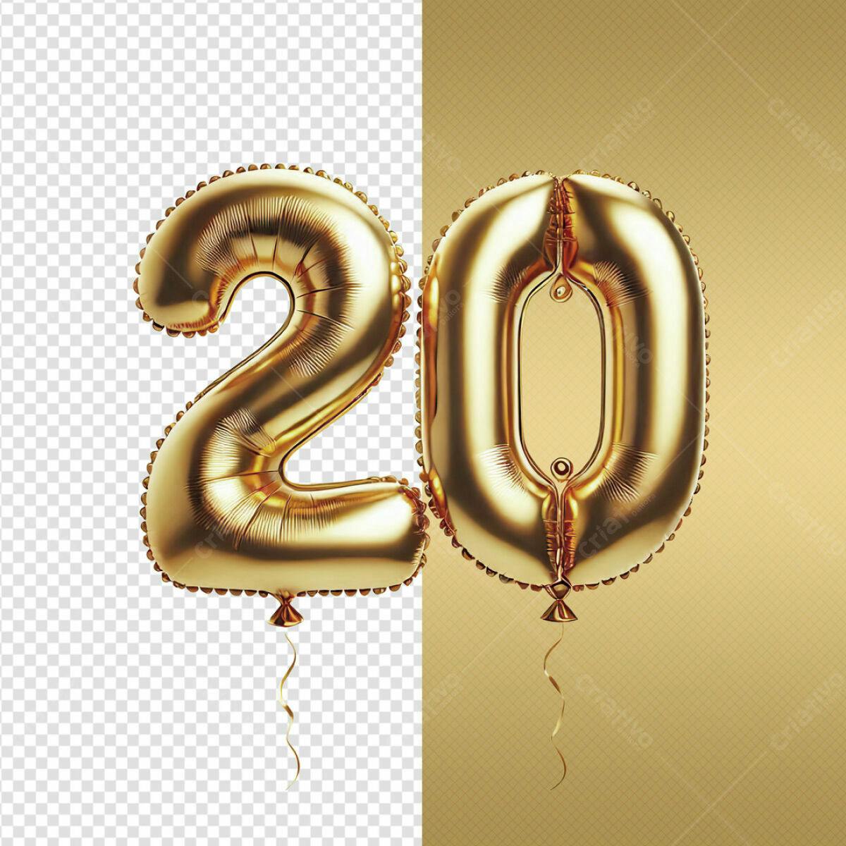 Números de Balões Dourados 20 Anos PSD Editável