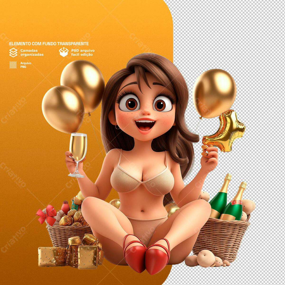 Ilustração de mulher sensual celebrando com PSD Editável