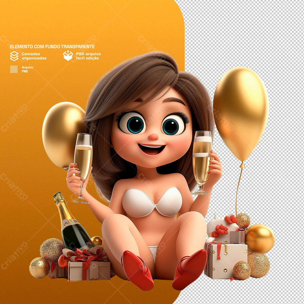 PSD Ilustração Ano Novo com Garota 3D PSD Editável