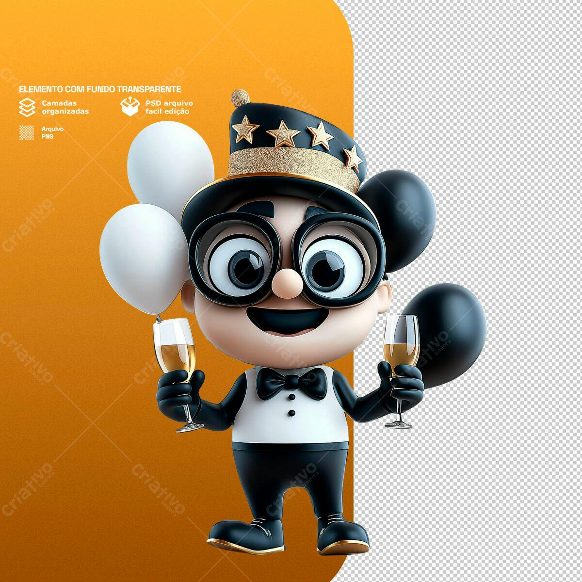 Personagem 3D para Festa de Ano Novo PSD Editável