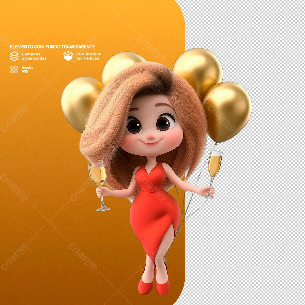 PSD Personagem Feminina em Vestido Vermelho e Balões Dourados para Festa