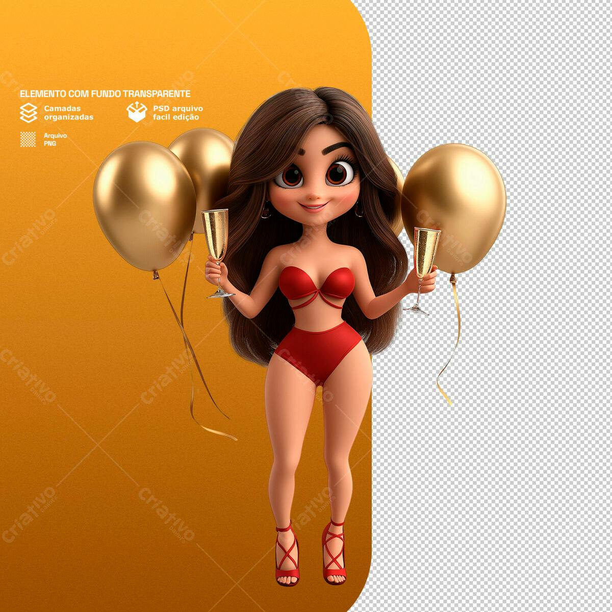 PSD Personagem Festa com Balões Dourados para Anúncios PSD Editável