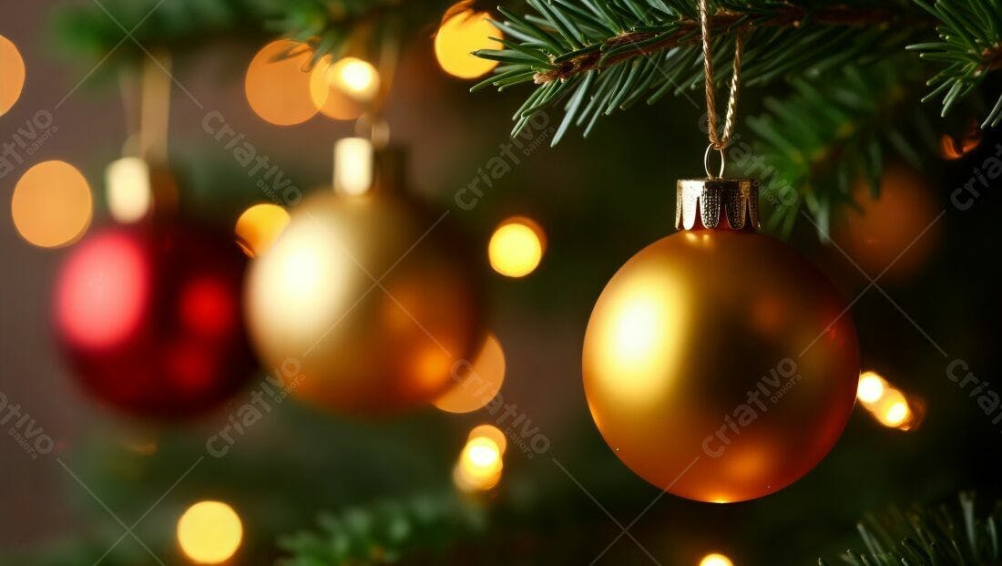 Enfeites dourados e vermelhos na árvore de Natal