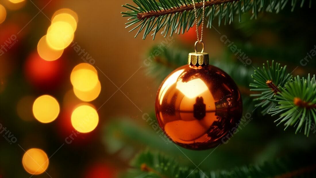 Enfeite natalino dourado em árvore de Natal
