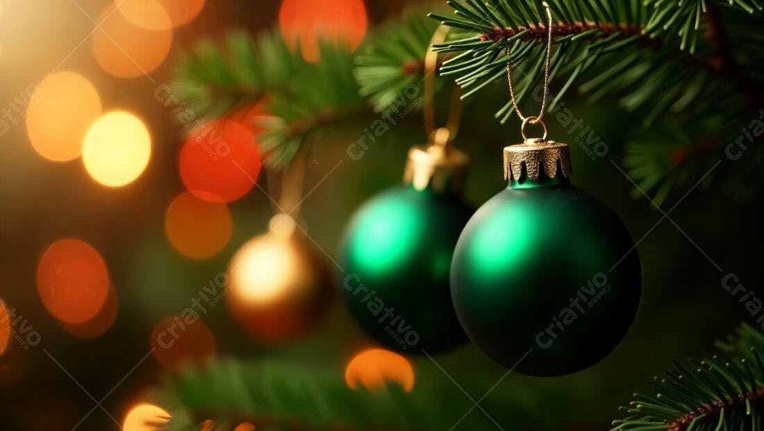 Enfeites verdes em árvore de Natal