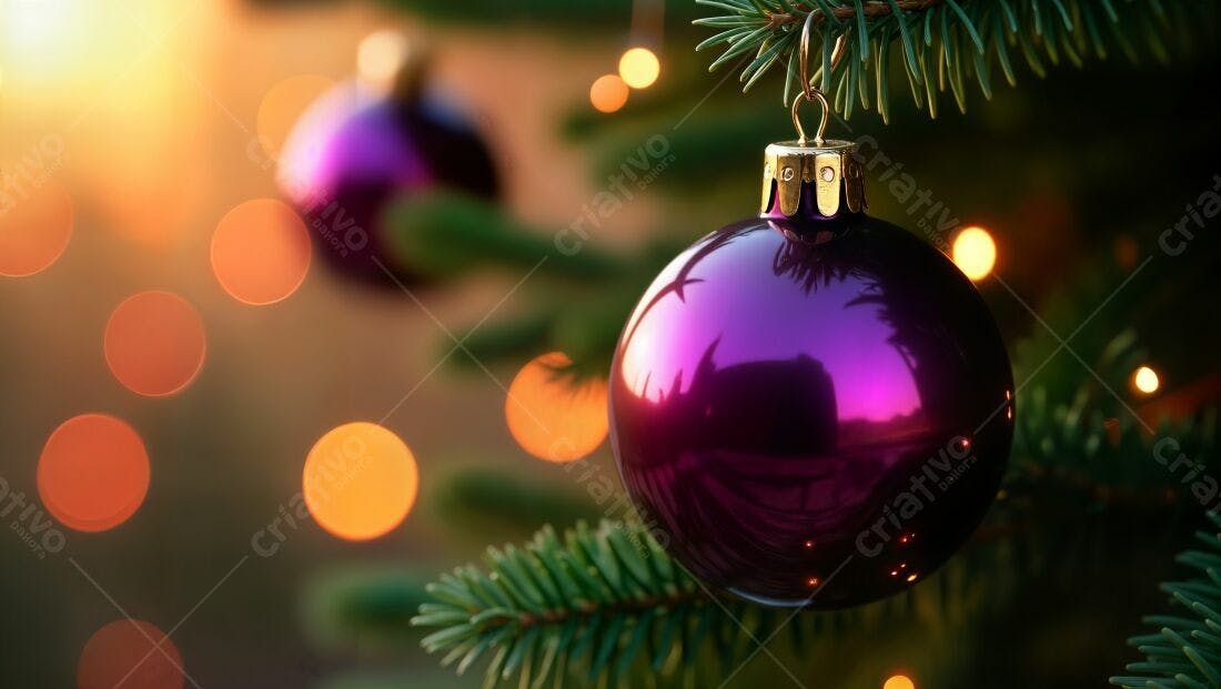 Enfeite roxo em árvore de Natal ao entardecer