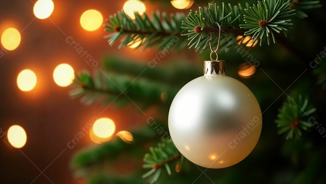 Enfeite de Natal branco em árvore de pinheiro