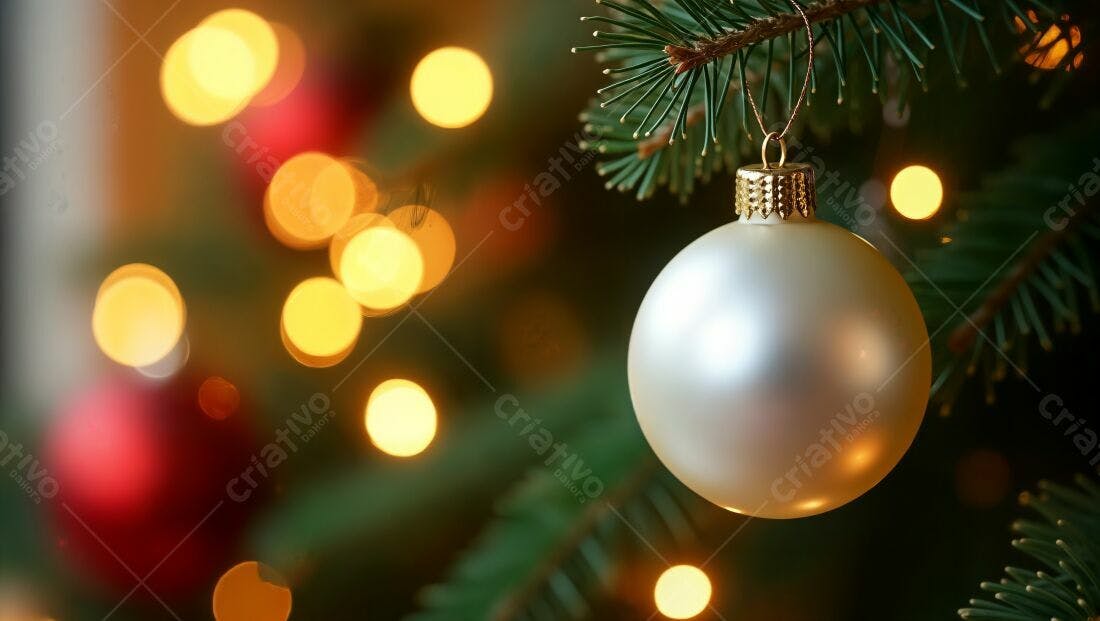 Enfeite de Natal branco em árvore com luzes
