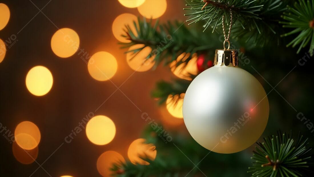 Enfeite de Natal branco em árvore com luzes