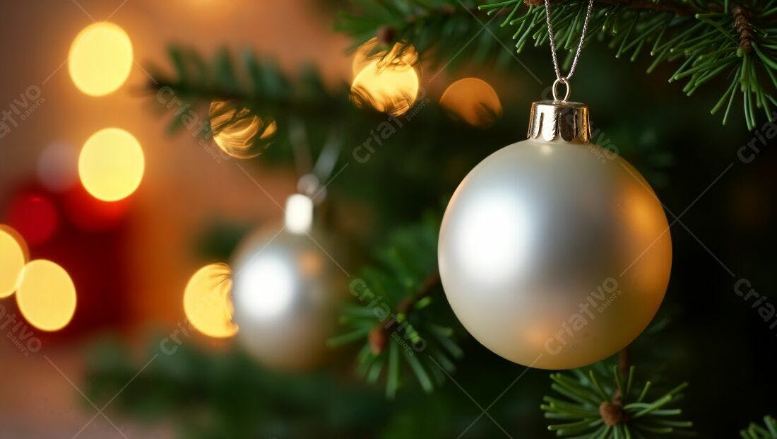 Enfeites natalinos prata em árvore de Natal