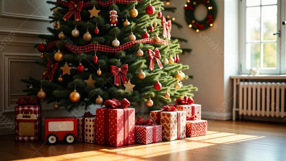 Árvore de Natal com presentes vermelhos e dourados