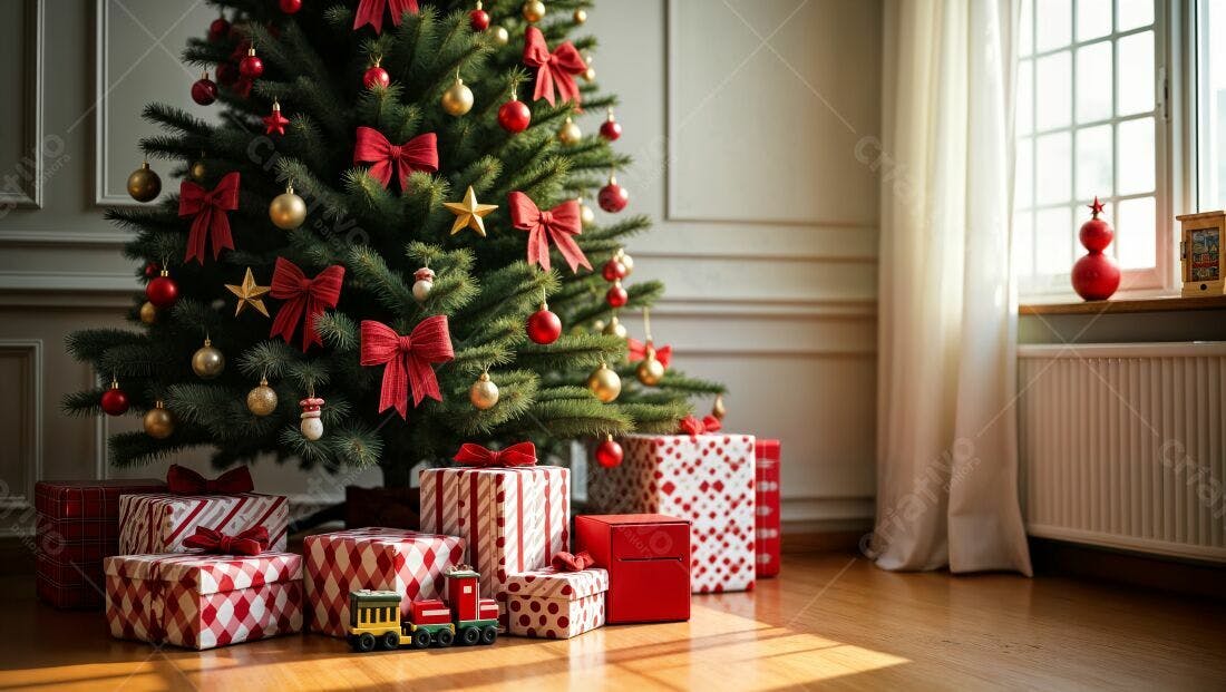Árvore de Natal com presentes vermelhos e dourados