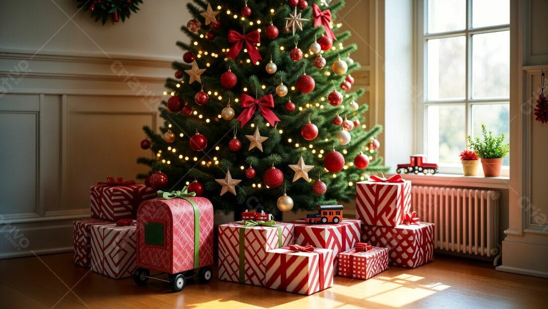 Árvore de Natal com presentes vermelhos e dourados