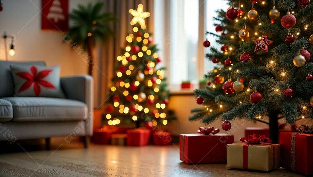 Árvore de Natal com presentes vermelhos e dourados