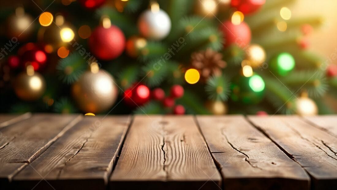 Mesa de madeira com árvore de Natal desfocada