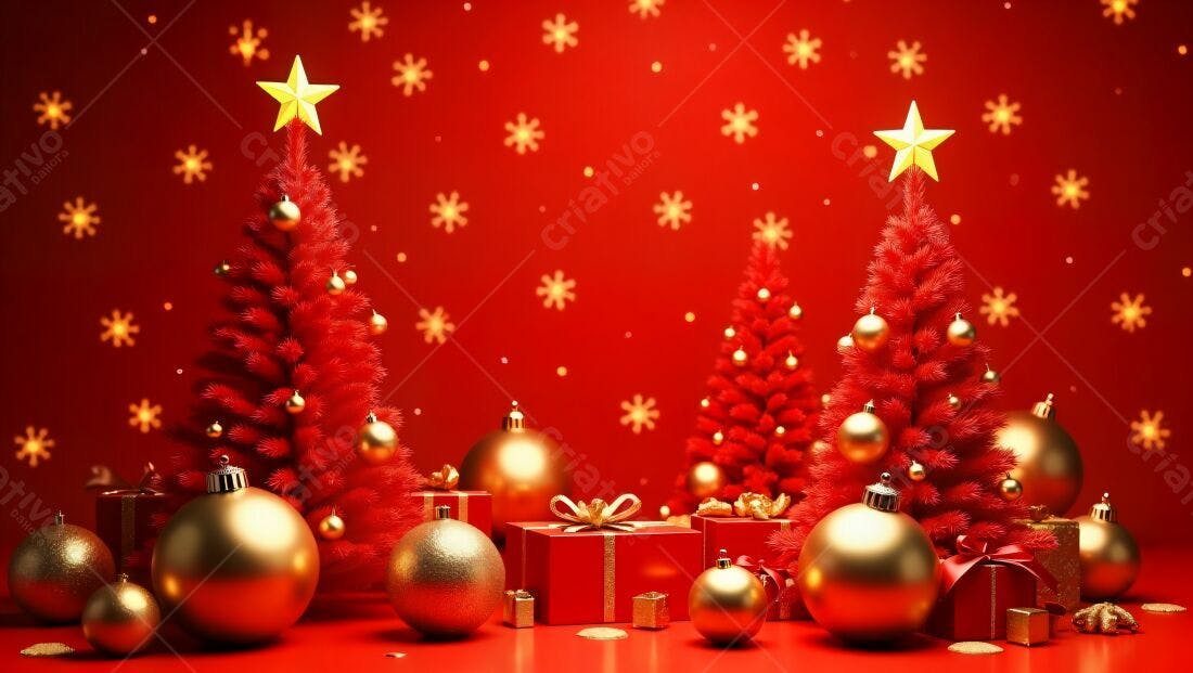 Árvore de Natal Vermelha com Enfeites Dourados