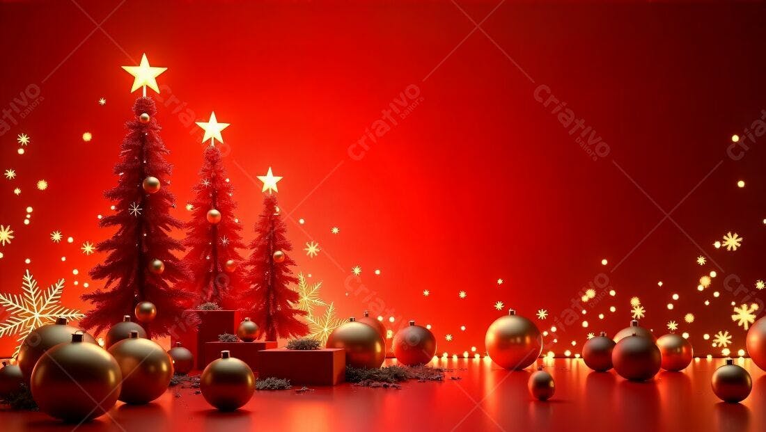 Árvores de Natal Vermelhas com Ornamentos Dourados